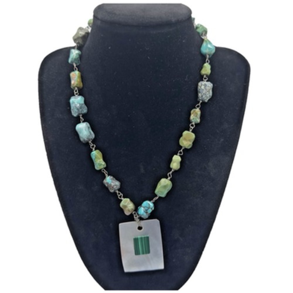 Turquoise Necklace with Mother of Pearl & Malachite Pendant Station 16" - 18"